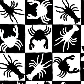 LARGE HAND DRAWN NOVELTY BEACH CRAB LOBSTER BRIGHT CHECKERBOARD-BLACK-WHITE-PASTEL BABY BLUE