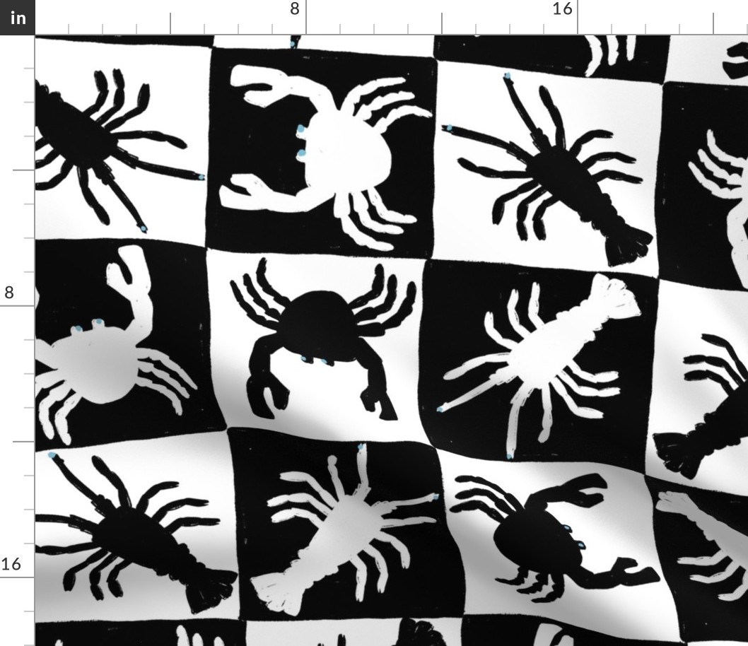 LARGE HAND DRAWN NOVELTY BEACH CRAB LOBSTER BRIGHT CHECKERBOARD-BLACK-WHITE-PASTEL BABY BLUE