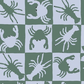 LARGE HAND DRAWN NOVELTY BEACH CRAB LOBSTER BRIGHT CHECKERBOARD-FOREST GREEN-LIGHT PASTEL BLUE-BLACK