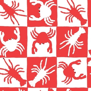 LARGE HAND DRAWN NOVELTY BEACH CRAB LOBSTER BRIGHT CHECKERBOARD-SCARLET RED-WHITE-BLACK