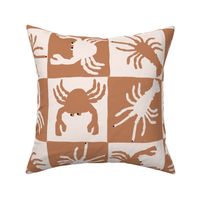 LARGE HAND DRAWN NOVELTY BEACH CRAB LOBSTER MUTED NEUTRAL CHECKERBOARD-COPPER BROWN-EGGSHELL WHITE-BLACK