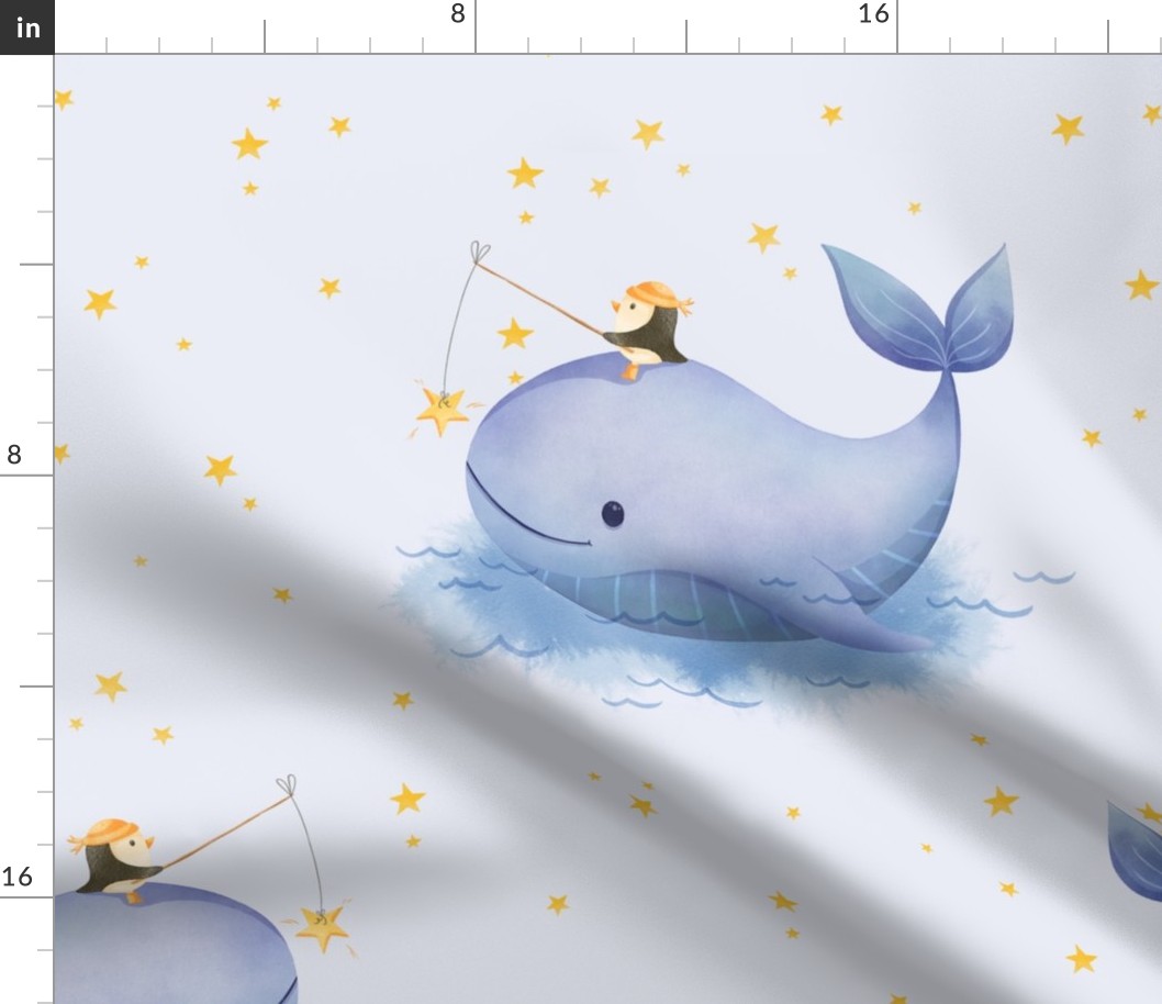 L - Penguin and Whale friends on an ocean adventure on light blue