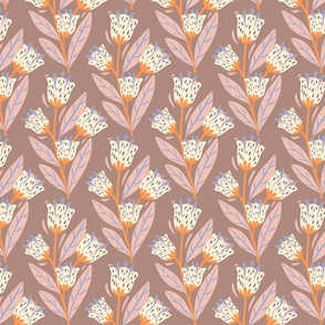 White flower buds | Medium Scale | Russet brown, Light eggshell, Coral orange