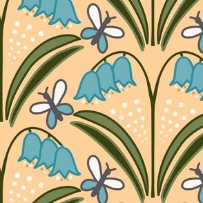 244 - large scale Forest bluebells and butterflies in turquoise, green  on pale yellow background, for whimsical duvet covers, nursery curtains and wallpaper 