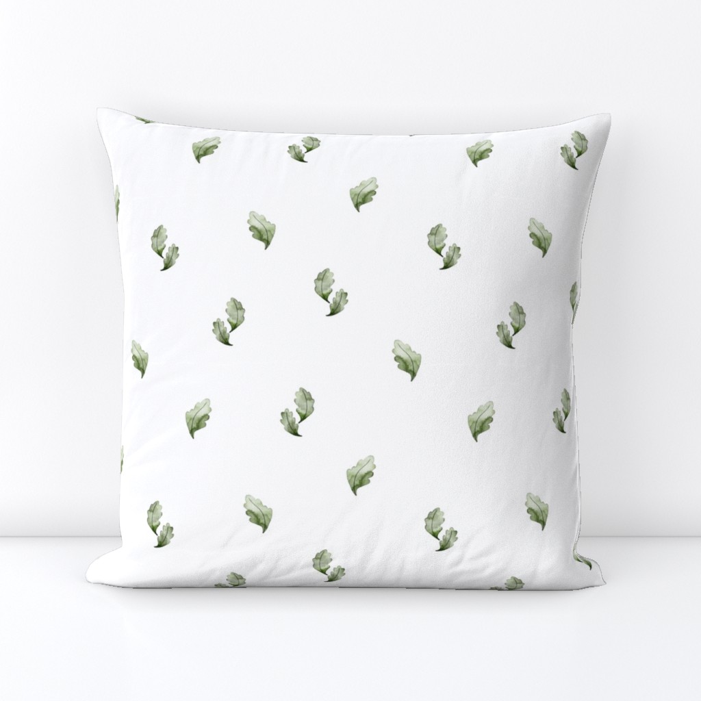 green oak leaves on white background, watercolor design, gender neutral, woodland nursery