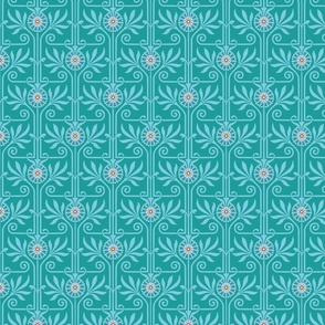 elegant geometric art deco floral vibrant turquoise on green | small