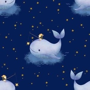 M - Penguin and Whale friends on an ocean adventure on dark blue