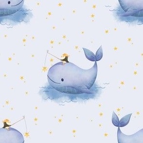 M - Penguin and Whale friends on an ocean adventure on light blue