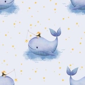 Medium - Penguin and Whale friends on an ocean adventure on light blue