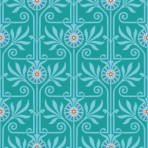 elegant geometric art deco floral vibrant turquoise on green | medium