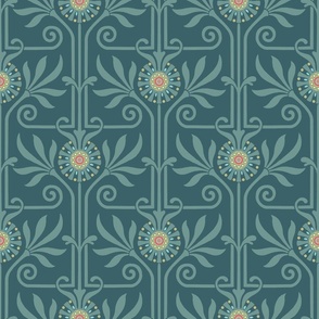 elegant geometric art deco floral | slate blue on deep turquoise | medium