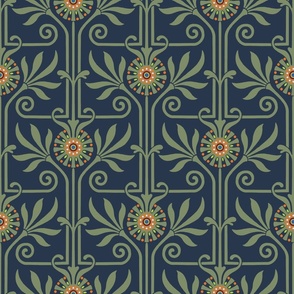 elegant geometric art deco floral sage on navy | medium