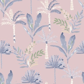 Colourful watercolour palms in ice blue, cream, sage green on lilac