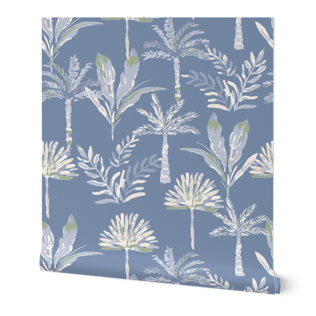 Colourful watercolour palms in ice blue, sage green on a mid blue background