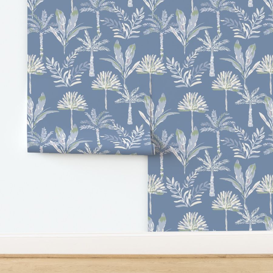 Colourful watercolour palms in ice blue, sage green on a mid blue background