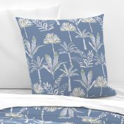 Colourful watercolour palms in ice blue, sage green on a mid blue background