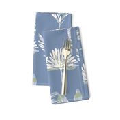 Colourful watercolour palms in ice blue, sage green on a mid blue background