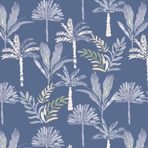 Colourful watercolour palms in ice blue, sage greens + navy blue
