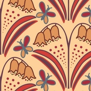244 - Large scale warm rust red and mustard bluebells and cute butterflies stylized floral for home decor, curtains, pillows, bed linen and wallpaper 