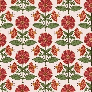243 - Small scale Warm red and olive green stylized marigold floral for bold wallpaper, eye catching table linen, botanical curtains