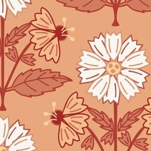 243 -  Large scale Monochromatic warm rust red_ off white and yellow stylized marigold floral for bold wallpaper, eye catching table linen, botanical curtains