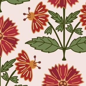 243 - Large scale Warm red and olive green stylized marigold floral for bold wallpaper, eye catching table linen, botanical curtains