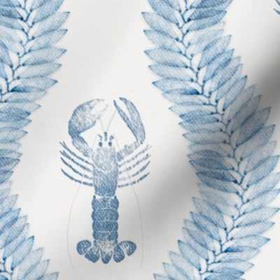 Blue lobster among seaweeds (medium) - elegant blue and white rustic block print marine pattern for coastal chic, crustacean core or seafood theme