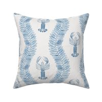 Blue lobster among seaweeds (medium) - elegant blue and white rustic block print marine pattern for coastal chic, crustacean core or seafood theme