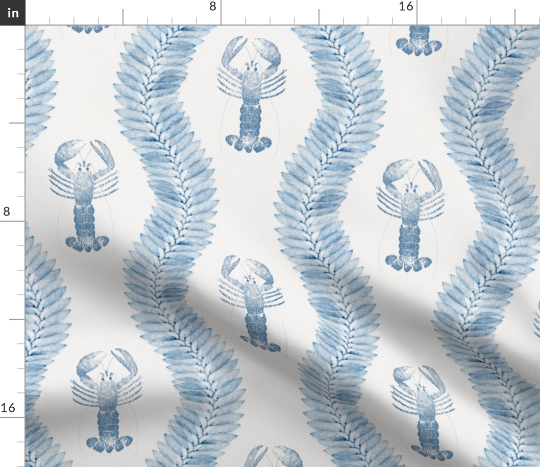 Blue lobster among seaweeds (medium) - elegant blue and white rustic block print marine pattern for coastal chic, crustacean core or seafood theme