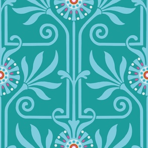 elegant geometric art deco floral vibrant turquoise on green | large