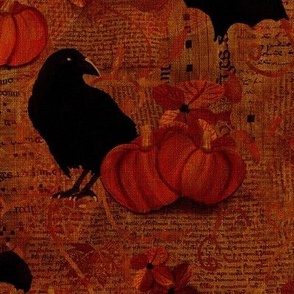 Medium 12”  repeat mixed media vintage handwriting, book paper and hand drawn lace with crows, bats, pumpkins and flowers with faux burlap woven texture inSienna russet brown