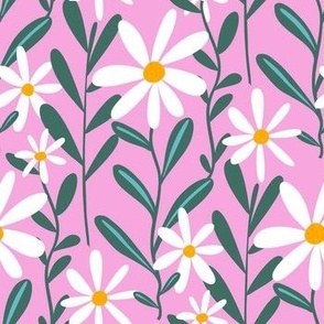 White Daisy Meadow on Pink - Kids Florals and Leaves - Mid Size 