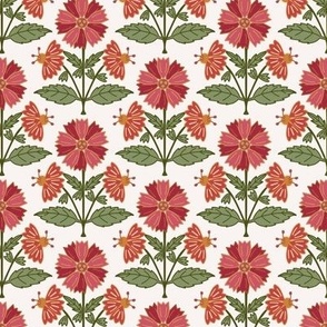243 - Small scale warm soft red mustard and olive green stylized marigold floral for bold wallpaper, eye catching table linen, classic elegant botanical curtains and home decor