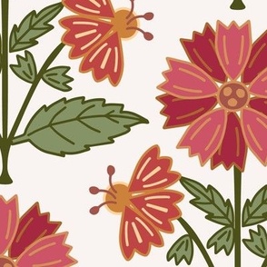 243 - Large scale warm soft red mustard and olive green stylized marigold floral for bold wallpaper, eye catching table linen, classic elegant botanical curtains and home decor