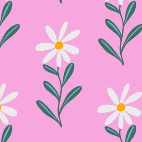 White Daisies on Pink - Kids Florals and Leaves - Mid Size 