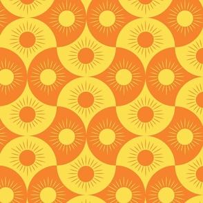 Orange and Yellow Minimalist sun on Geometric Scallop shapes 