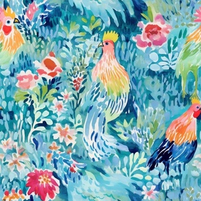 Bigger Watercolor Chickens Blue Flower Garden