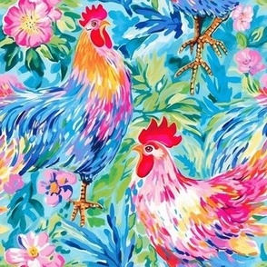 Smaller Colorful Chickens Watercolor