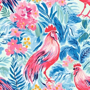 Bigger Watercolor Chickens Red Pink and Blue