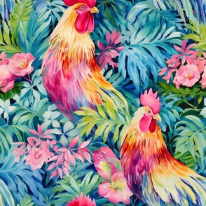 Bigger Watercolor Colorful Chickens and Tropical Leaves