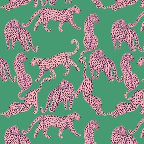 Modern abstract pink leopards in emerald green background 