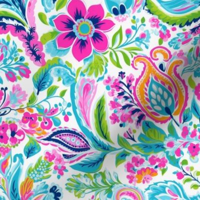 Smaller Funky Floral Paisley Pink Blue and Coral Flowers Leaves and Vines