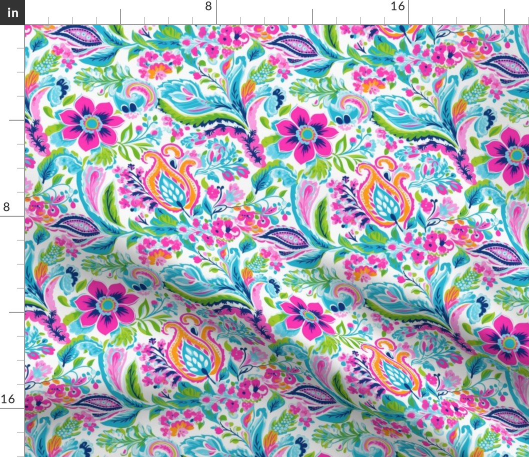 Smaller Funky Floral Paisley Pink Blue and Coral Flowers Leaves and Vines