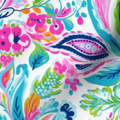 Bigger Funky Floral Paisley Pink Blue and Coral Flowers Leaves and Vines