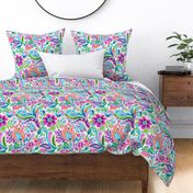 Bigger Funky Floral Paisley Pink Blue and Coral Flowers Leaves and Vines