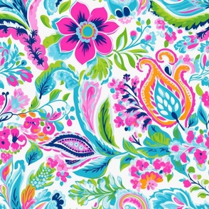 Bigger Funky Floral Paisley Pink Blue and Coral Flowers Leaves and Vines