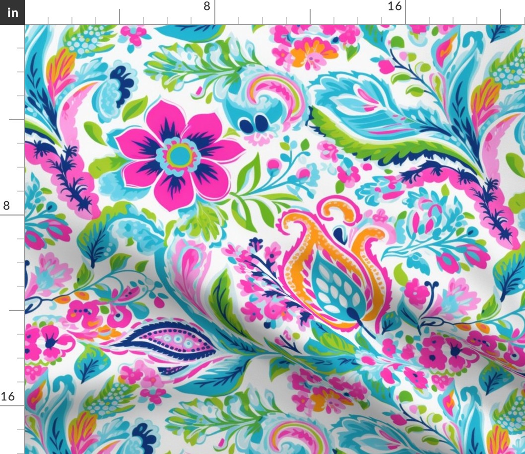 Bigger Funky Floral Paisley Pink Blue and Coral Flowers Leaves and Vines