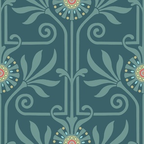 elegant geometric art deco floral slate blue on deep turquoise | large