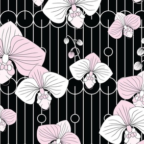 Orchids & Art Deco Stripes & Circles - A Luxe Vintage Wallpaper