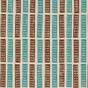 Block print inspired - carved strips in brown and turquoise - medium 